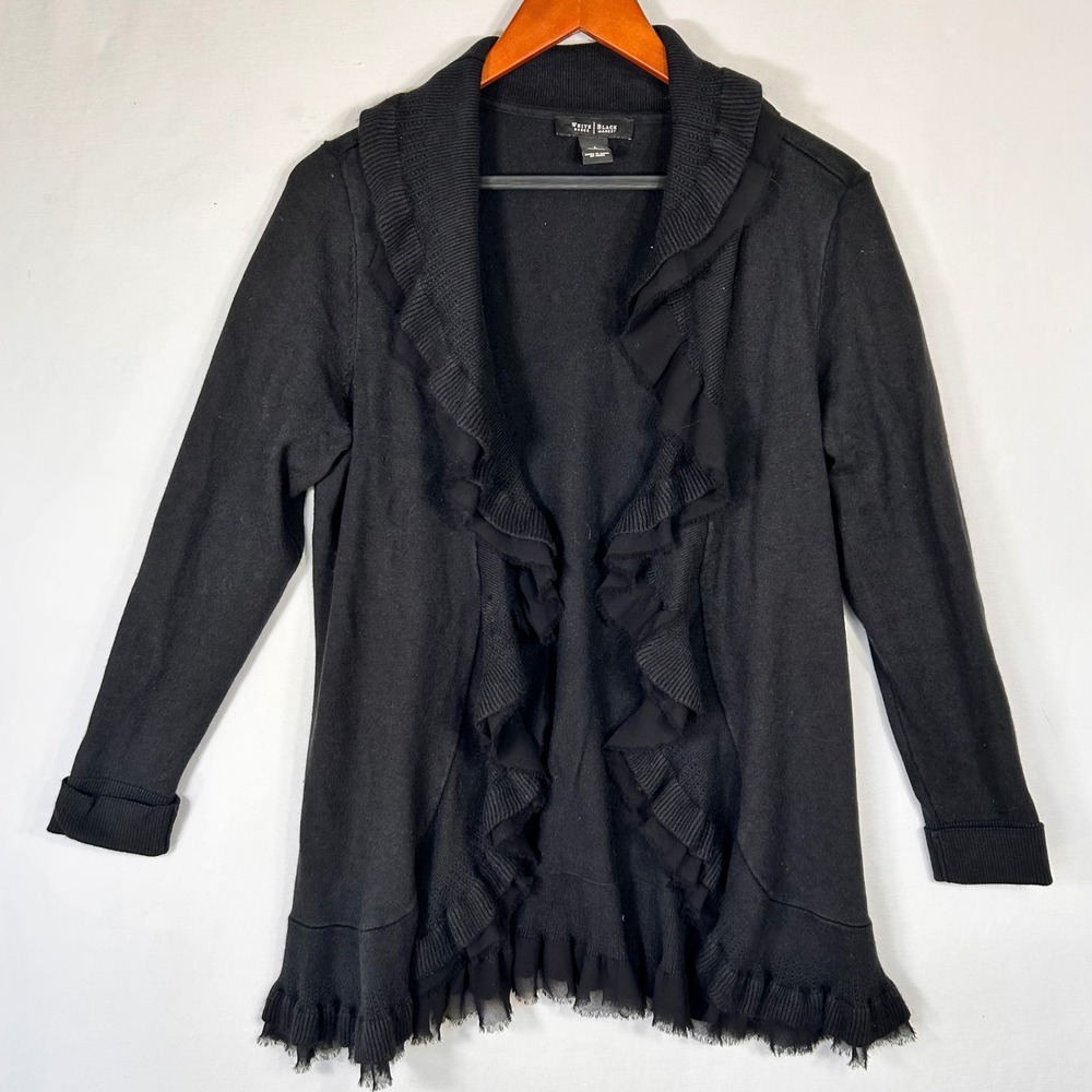 White House Black Market Black Silk Blend Ruffle Open Front Cardigan Sweater L